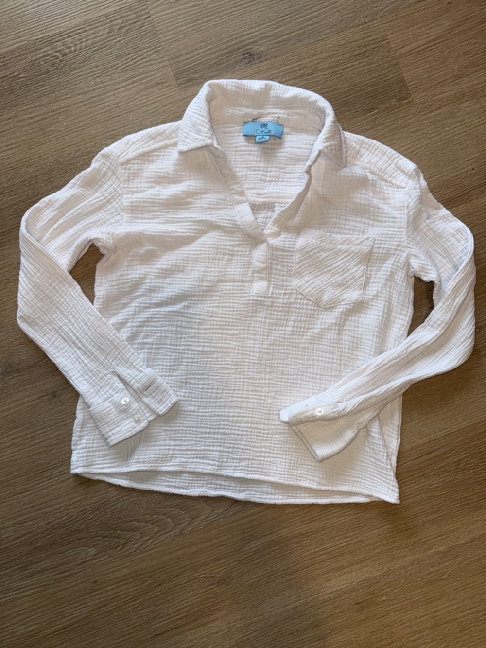 CECE Muslin Popover Collared White Tunic Cotton Blouse Long Sleeve Shirt